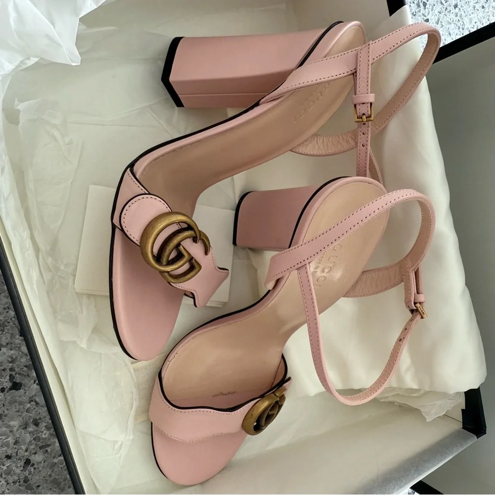 Gucci Pink Block Heel Sandals with Gold GG Logo - Picture 11 of 11